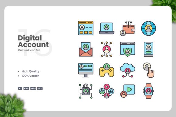 Digital Account Colored Icons for Modern Graphics