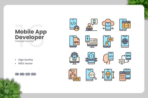Mobile App Developer Colored Icons for Handmade Projects