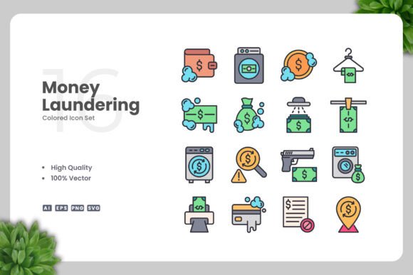 Money Laundering Colored Icons for Handmade Creations