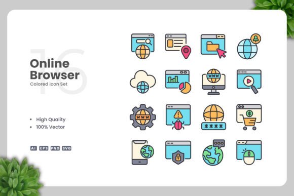 Online Browser Colored Icons for Modern Graphic Design