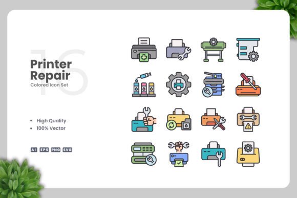 Printer Repair Colored Icons for Digital and Print Projects